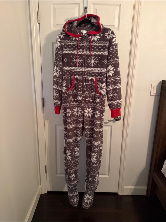 Pajamagram Other - Women's Hooded One-Piece Pajama Romper - Gray Snowflake with Red Trim